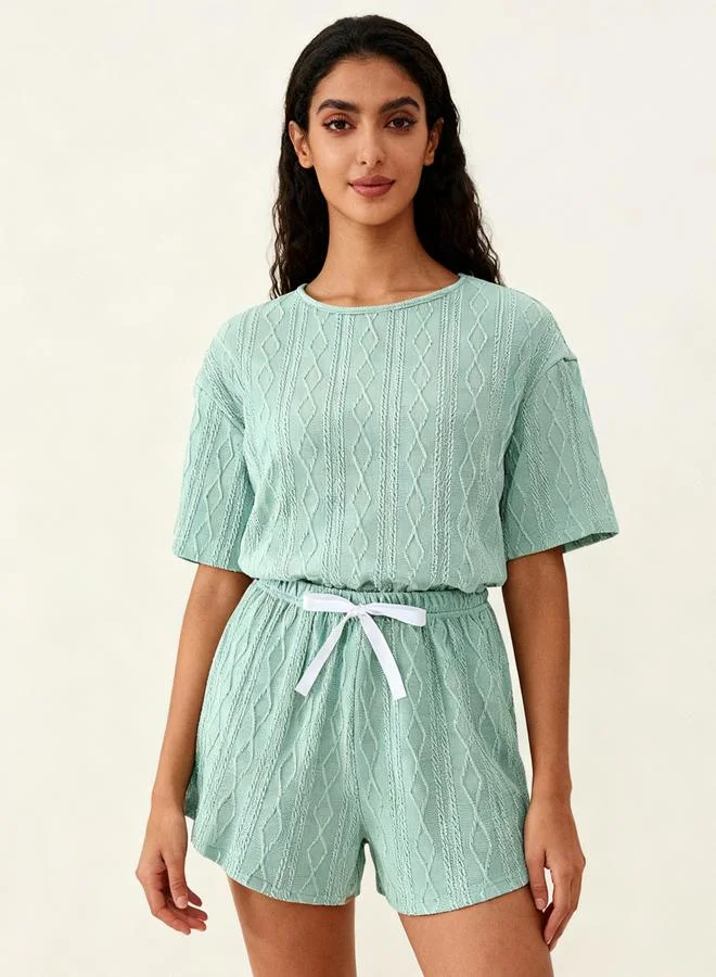 تايك تو طقم بلوزة وشورت بيجاما أخضر بملمس بارز للنساء